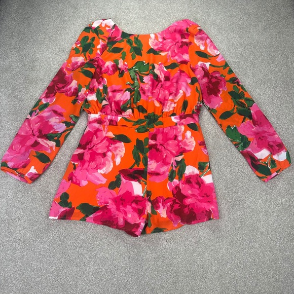 Lulus Pants - Lulus Orange Pink Floral Print Long Sleeve V Back Romper Jumpsuit Women's Large